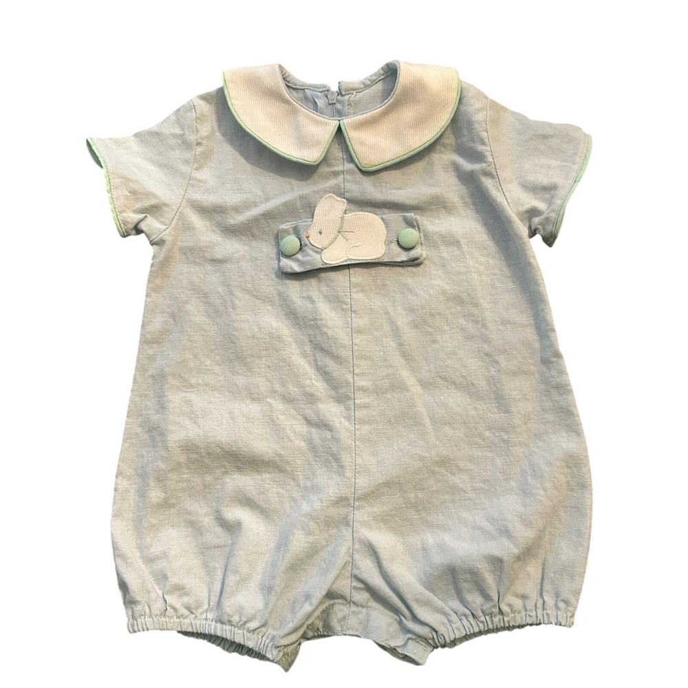 Funtasia Too Light Blue Linen Blend Bunny/Car Tab Bubble Romper 18M Embroidery